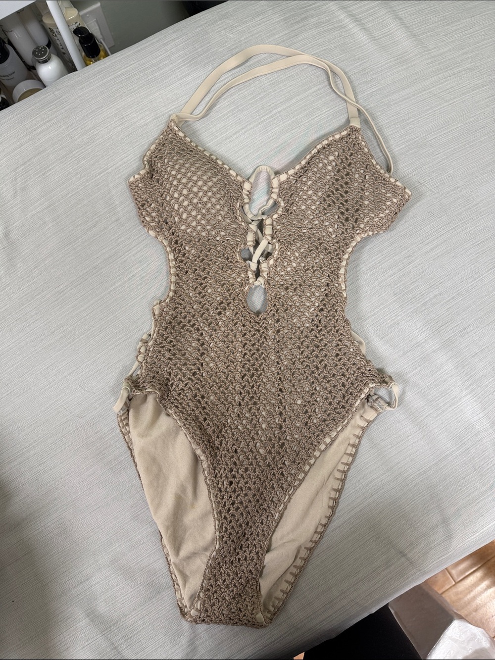 Lucky Brand Beige Crochet One-Piece Swimsuit